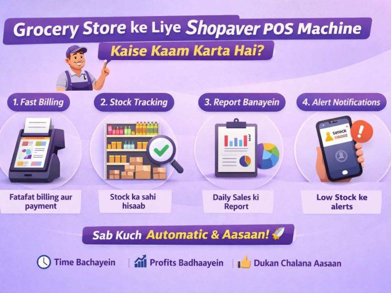 Shopaver POS machine for grocery store billing and inventory management.