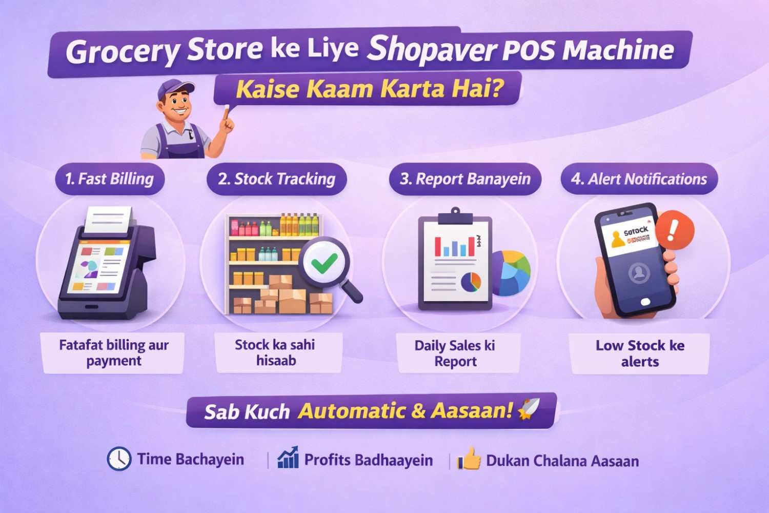 Shopaver POS machine for grocery store billing and inventory management.